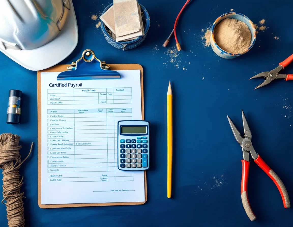 Painted desk with payroll forms, a calculator, a hard hat and wire strippers