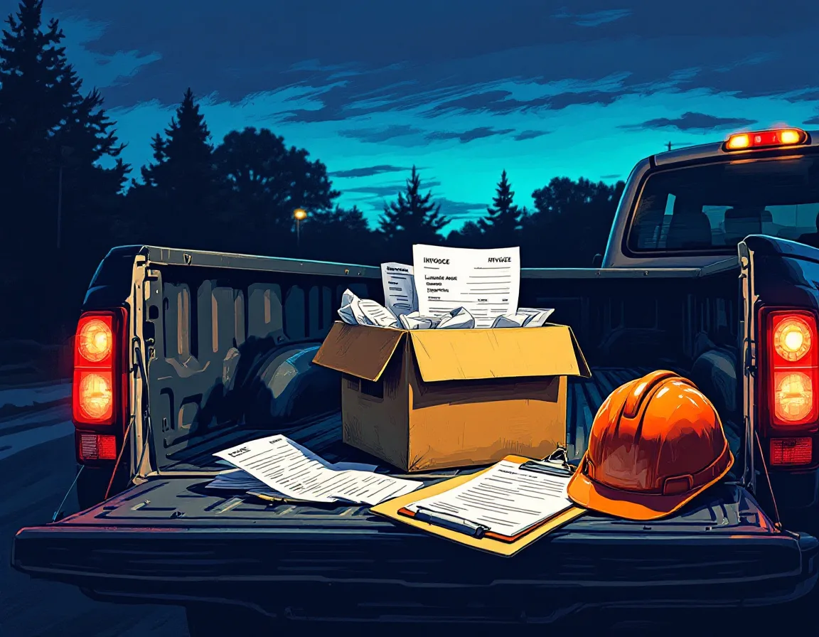 Painted tailgate with a shoebox of receipts and a clipboard of invoices
