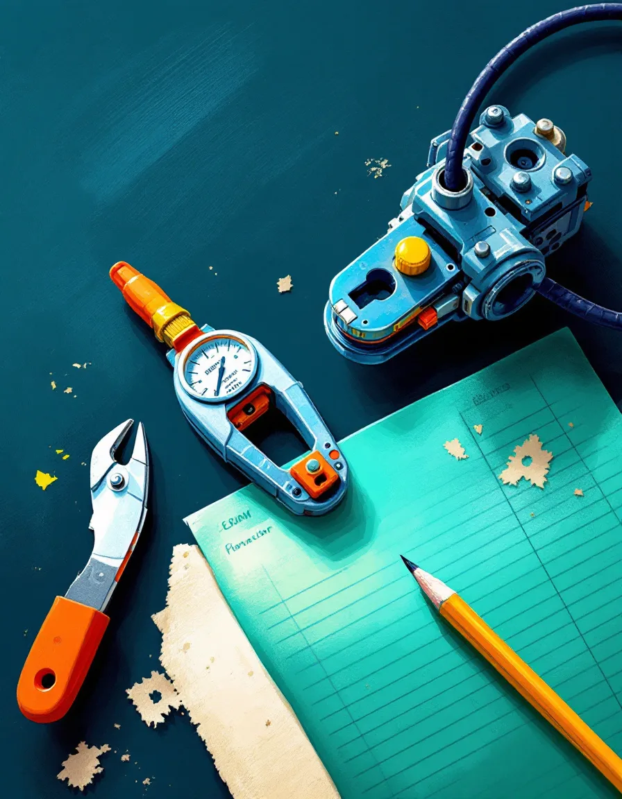 Painted still life of wire strippers, a gauge and a carpenter's pencil on ledger paper